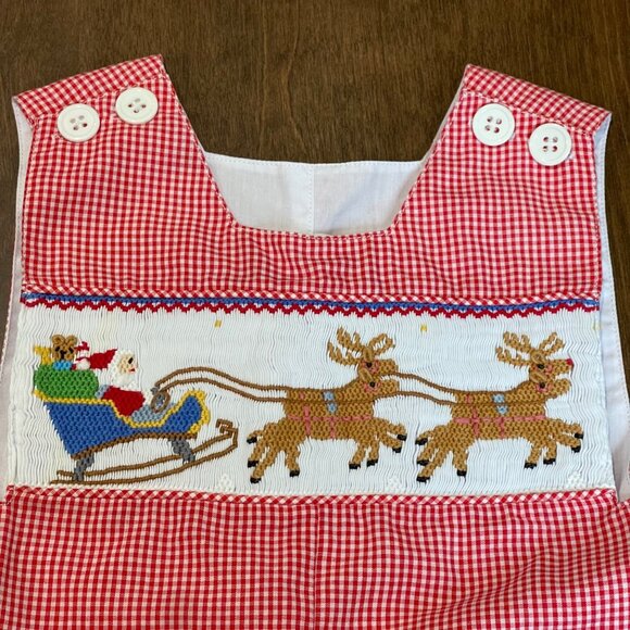 Mom & Me Smocked Christmas Longalls Overalls Baby Boy Size 3M Santa Reindeer - Picture 3 of 14